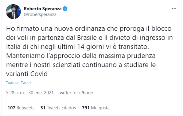Tuit del ministro de Sanidad de Italia, Roberto Speranza. Foto: Captura de Twitter.