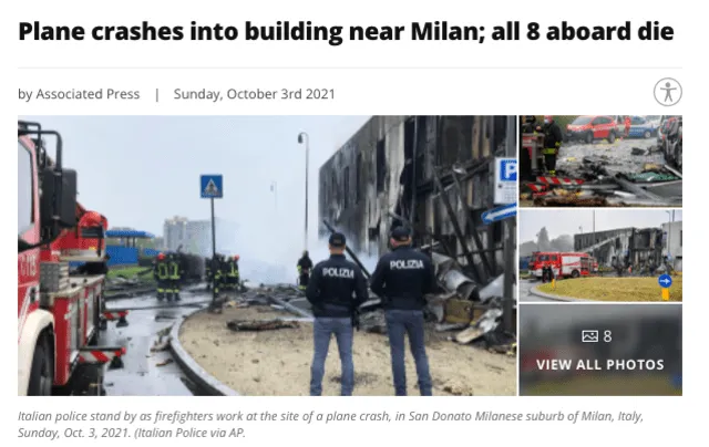 Publicación compartida por el portal informativo ABC sobre un accidente en Milán. Fuente: Captura LR, ABC 7 Amarillo, AP.