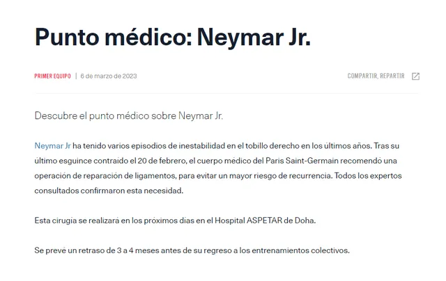  Parte médico de Neymar. Foto: PSG   