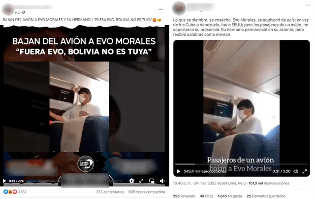  Publicaciones sobre el video que relaciona a Evo Morales y su supuesto hermano en 2023. Foto: capturas en Facebook y Twitter.     