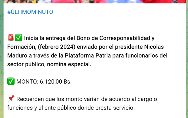 El pago de este bono llegó el 29 de febrero. Foto: Canal Patria Digital/Telegram