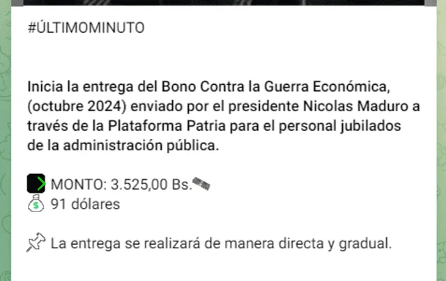 El Bono de Guerra para jubilados llegó el 17 de octubre. Foto: Canal Patria Digital/ Telegram