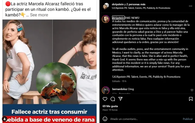  Comunicado oficial de la manager de Marcela Alcaraz. Foto: Instagram    