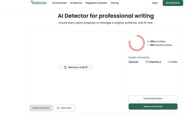 The IA Sidekicker detector indicates that 80% of the speech shows signs of elaboration of AI. Photo: Karen Barboza/X.   