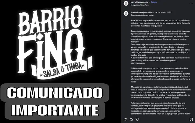 Comunicado de Barrio Fino sobre Bryan Torres. Foto: Instagram.    