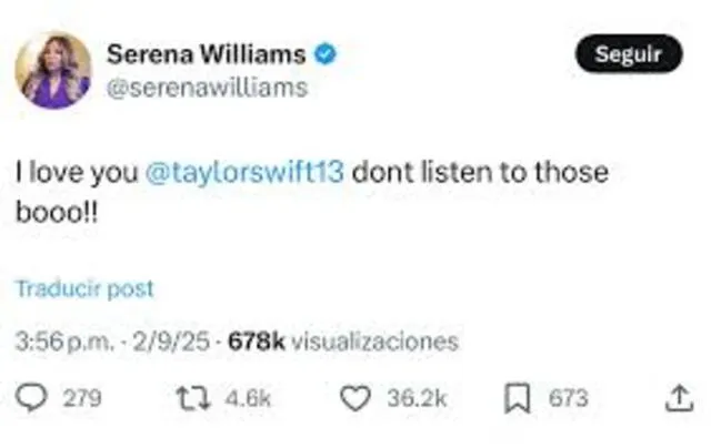  Serena Williams was quick to stand up for Taylor Swift. Photo: Serena Williams' X account<br>    