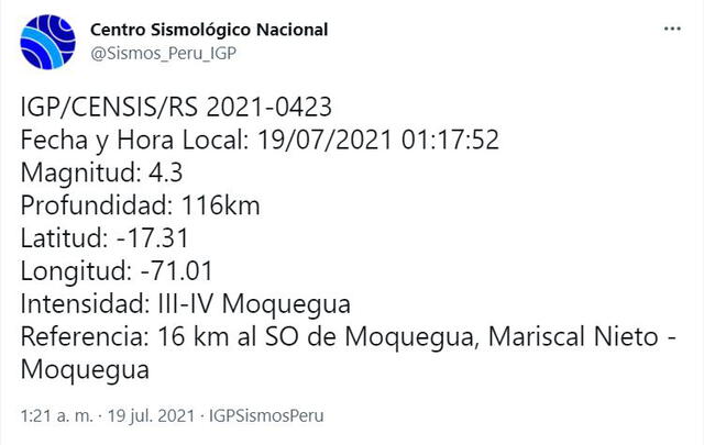 Datos del sismo en Moquegua. Foto: Twitter IGP