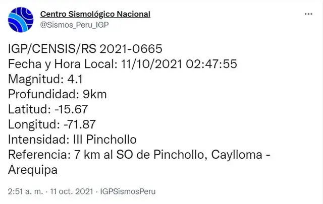 Datos del sismo en Arequipa. Foto: Twitter IGP