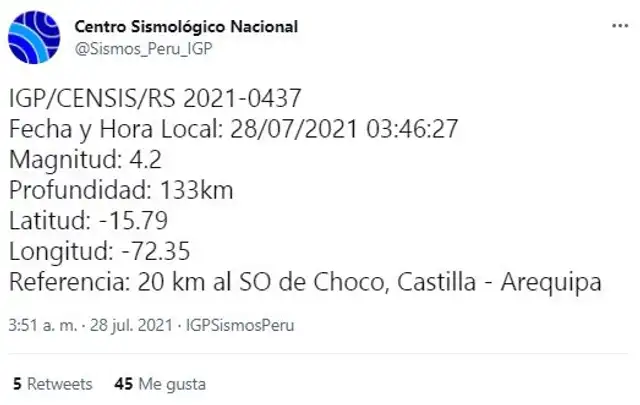 El sismo se produjo a las 3.46 a. m. Foto: captura de Twitter