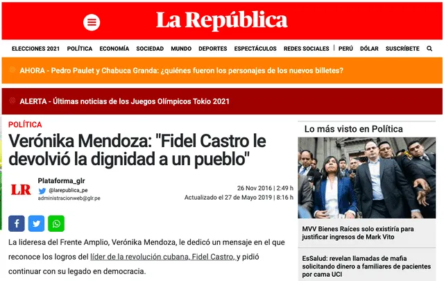 Enlace real de La República donde se lee la nota sobre las declaraciones de Verónika Mendoza. FOTO: Portal web de La República.