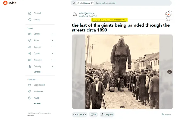  La imagen del gigante proviene del 25 de abril de 2023 y se encuentra en la cuenta&nbsp; “Midjourney” que publica contenidos producidos con IA. Foto: captura en Reddit / “Midjourney”.    