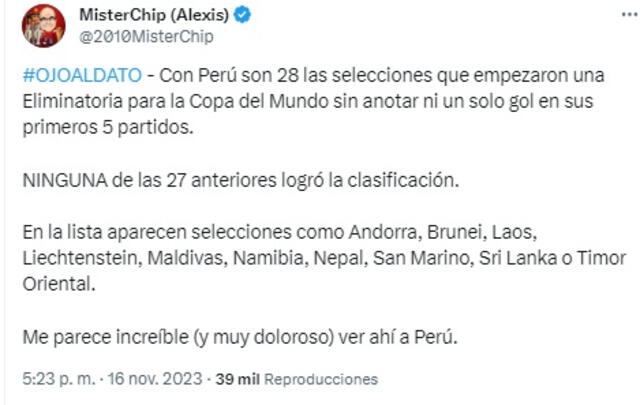 Tuit de Mister Chip sobre la selección peruana. Foto: captura de X   