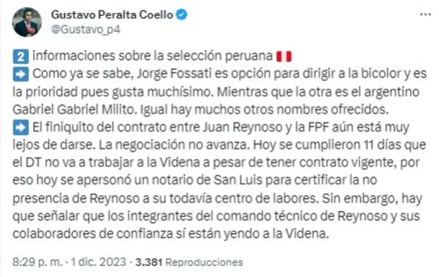 Las opciones de la FPF para reemplazar a Juan Reynoso en la selección peruana. Foto: Twitter/Gustavo Peralta   