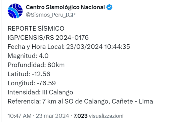 Información sobre el último sismo en Lima. Foto: IGP   