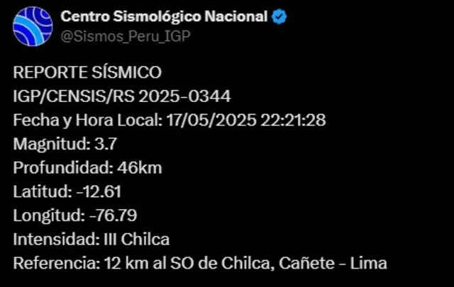 Reporte de sismo del Centro Sismológico Nacional. Foto: IGP Reporte de sismo del Centro Sismológico Nacional. Foto: IGP