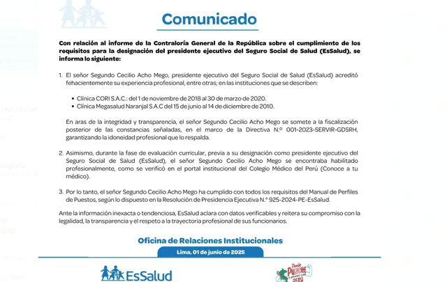 Comunicado de EsSalud. 