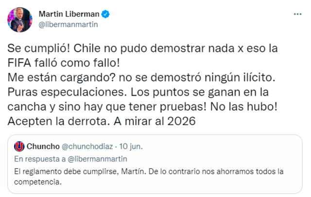 Respuesta de Liberman en redes sociales. Foto: captura Twitter/Martín Liberman