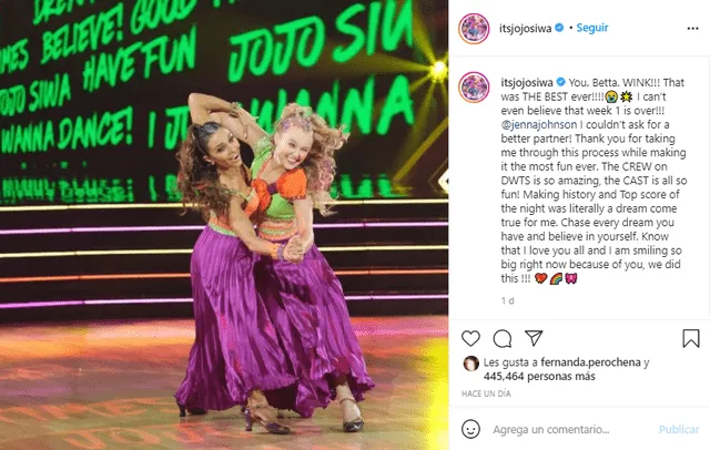 Jojo Siwa celebró su primera participación en el reality por su cuenta de Instagram. Foto: captura/Instagram/Jojo Siwa