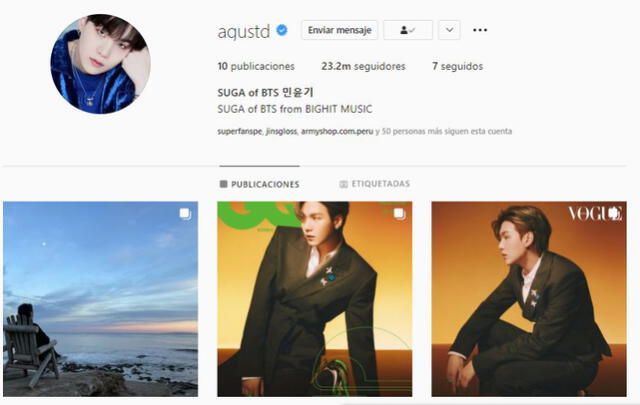 Suga de BTS en Instagram. Foto: Captura