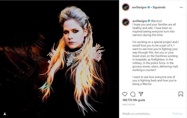 La publicación de Avril Lavigne en Instagram dando a conocer su iniciativa.