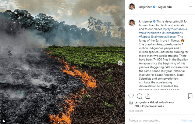 Clan Kardashian se pronuncia sobre incendio en el Amazonas 
