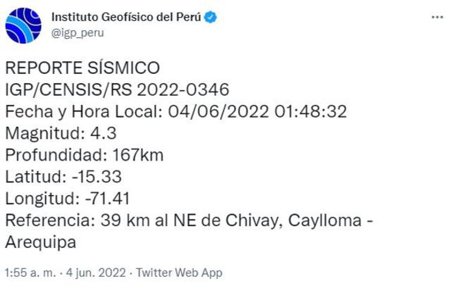 Datos del sismo en Arequipa. Foto: captura de Twitter @igp_peru