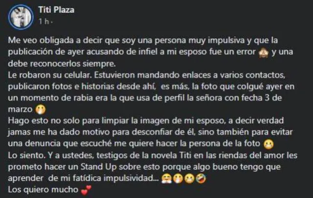 Titi Plaza pide disculpas. Foto: Titi Plaza/ Facebook