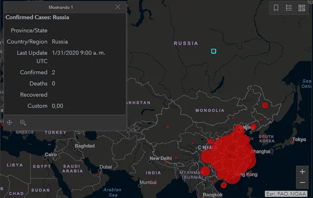 Mapa de casos por coronavirus en el mundo. Rusia reporta sus dos primeros pacientes.