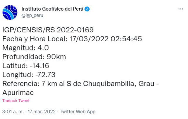 Datos del sismo en Apurímac. Foto: captura Twitter