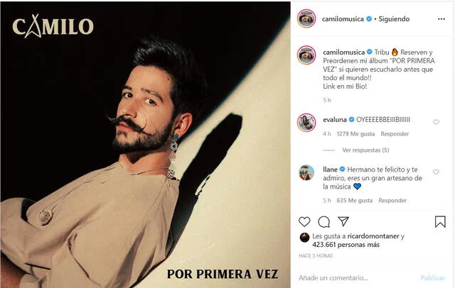 La publicación en Instagram de Camilo, invitando a sus fans a reservar su nuevo disco.