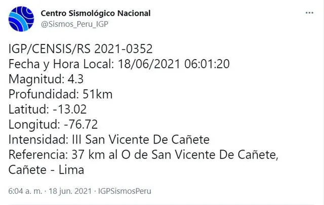 Datos del temblor en Lima. Foto: captura Twitter Datos del temblor en Lima. Foto: captura Twitter