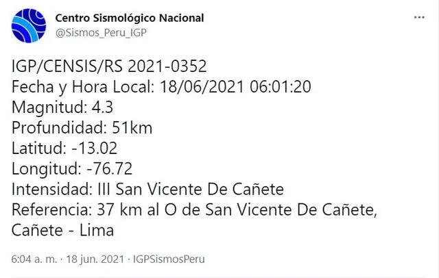 Datos del temblor en Lima. Foto: captura Twitter