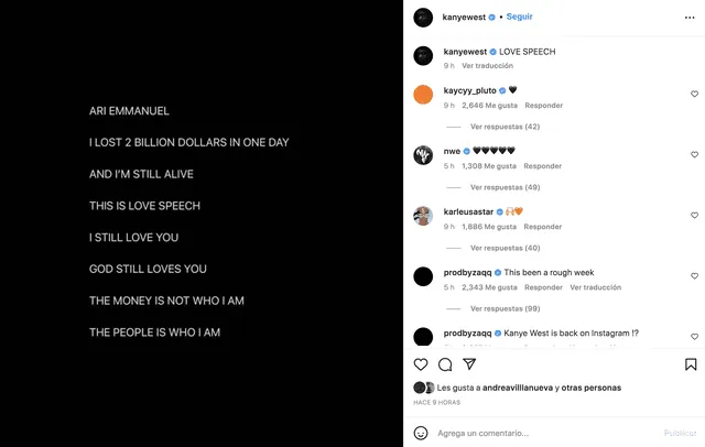 Kanye West regresa a Instagram en medio de escándalos: “Perdí 2 billones de dólares”
