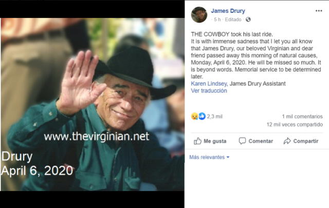 La publicación en la página oficial de Facebook de James Drury, escrita por su asistente.