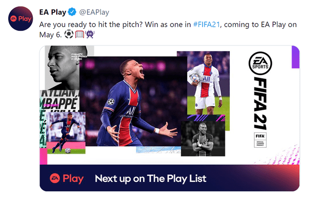 Anuncio sobre la llegada de FIFA 21 a las plataformas de suscripción. Foto: Twitter/@EAPlay