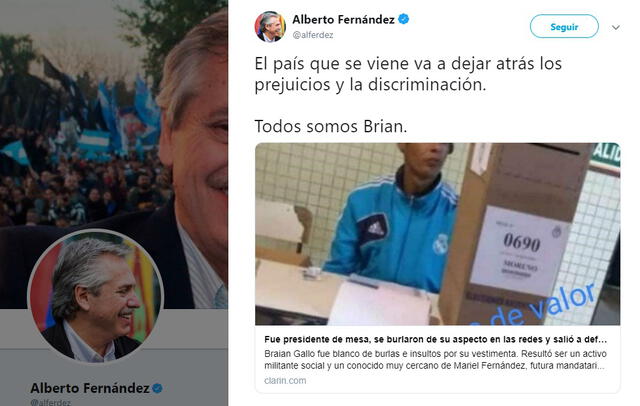 Presidente electo de Argentina condena discriminación a joven que fue presidente de mesa. Foto: Twitter.