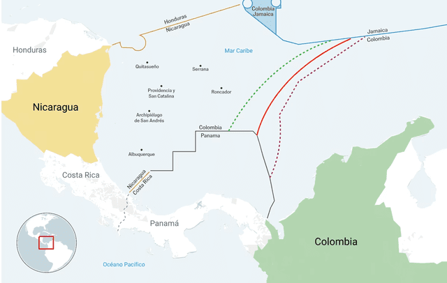  Ese es el límite que Nicaragua reclamaba a Colombia ante la Haya como parte de su plataforma continental. Foto: El País<br>    