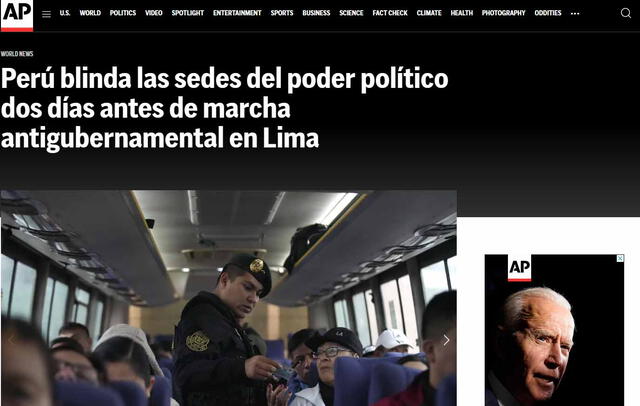 AP sobre las medidas de seguridad ante la próxima protesta en Lima. Foto: captura AP   
