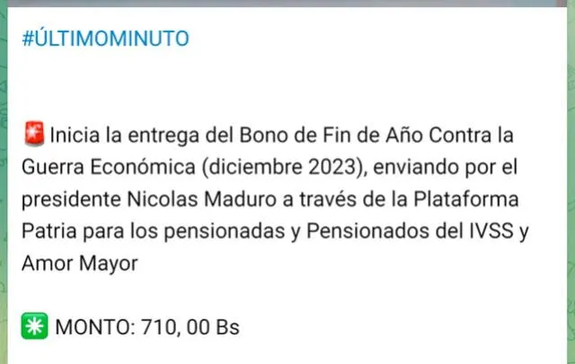 El mes pasado, el Bono de Guerra para los pensionados llegó el 21 de diciembre. Foto: Canal Patria Digital/Telegram