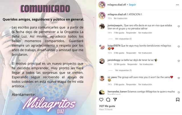 Milagros Díaz explica motivos de su salida de La Bella Luz. Foto: Instagram/Milagros Díaz   