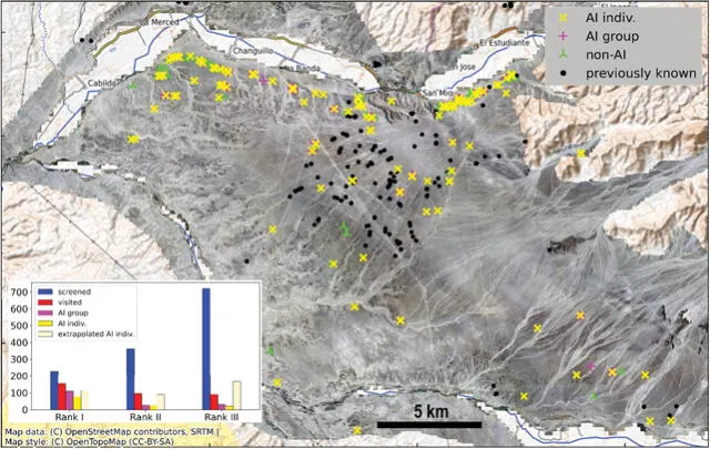 Las equis amarillas representan ubicaciones de los geoglifos hallados con inteligencia artificial. Foto: Masato Sakai, et al.    