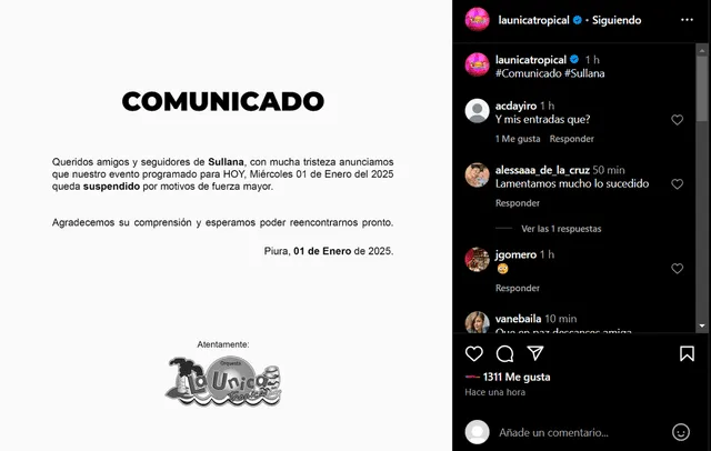  La Única Tropical anuncia la suspensión de su show. Foto: Instagram    