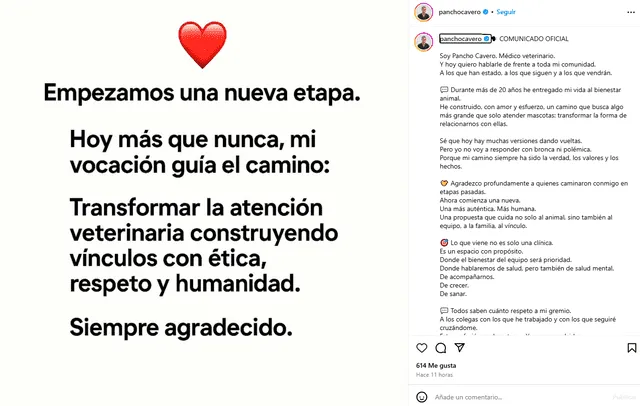 Comunicado de Pancho Cavero. Foto: Instagram   