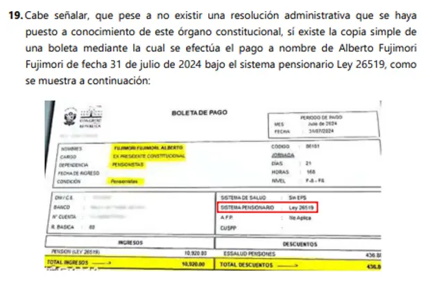  Copia de la boleta de pago de pensión vitalicia para el exdictador Alberto Fujimori   