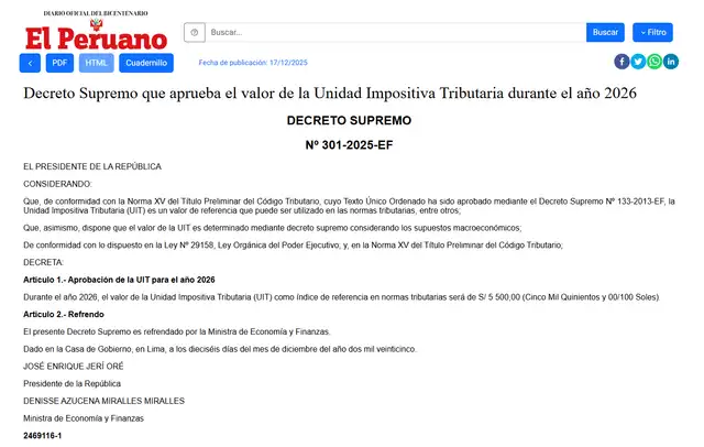 UIT del año 2026 subirá a S/5.500 tras aprobación del MEF. Foto: El Peruano UIT del año 2026 subirá a S/5.500 tras aprobación del MEF. Foto: El Peruano