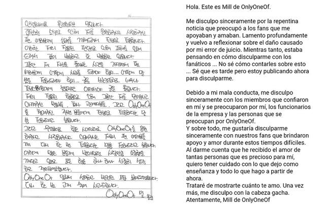 Traducción de la carta manuscrita de Mill. Foto: @OnlyOneOfArg_/Twitter