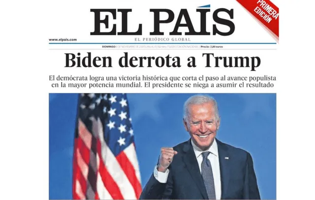 Portada del diario El País destacando la victoria de Biden en las elecciones presidenciales de EE. UU. Foto: Captura Infobae.