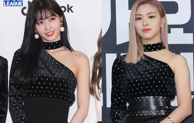 Momo de TWICE utilizó en 2018 el top negro con lunares que Ryujin de ITZY vistió en la red carpet de los SBS Gayo Daejeon 2019.