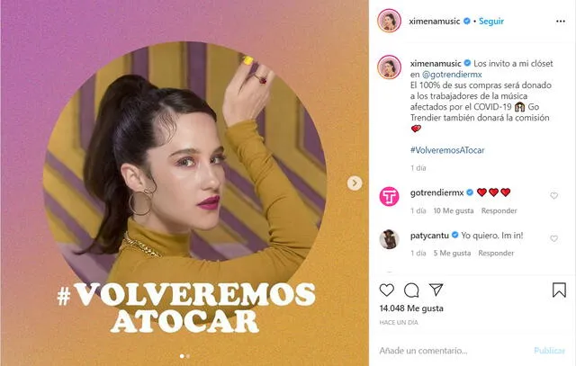 La publicación de Ximena Sariñana en Instagram, anunciando su iniciativa.