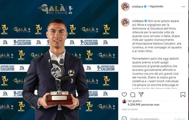 Publicación en Instagram de Cristiano Ronaldo.